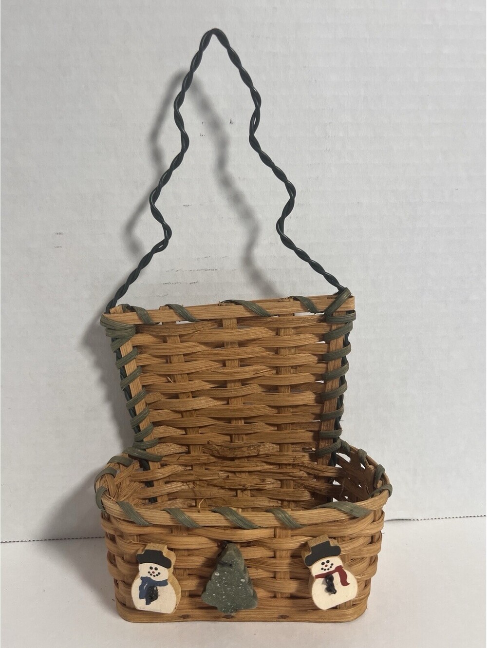 Rustic Woven Christmas Wall Basket with Snowmen and Tree - Country Holiday Décor